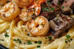 Cajun Shrimp and Steak Alfredo Pasta