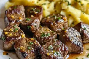 Garlic Butter Steak Bites & Cheesy Smashed Potatoes Garlic Butter Steak Bites & Cheesy Smashed Potatoes