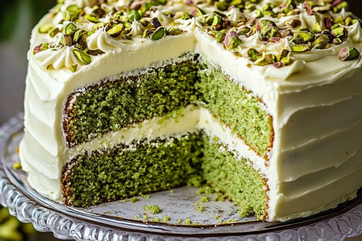 Pistachio Cake topped with Cream Cheese Frosting