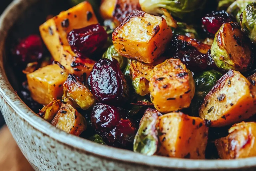 Cranberry-Glazed Roasted Butternut Squash Brussels Sprouts and Sweet Potato Salad
