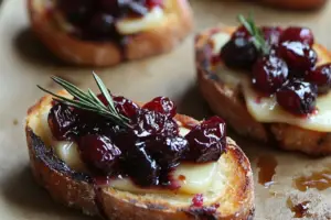 Crispy Crostini with Balsamic Roasted Cranberries and Brie