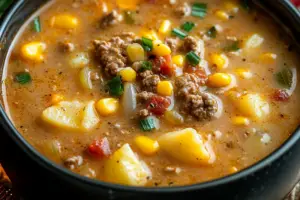 Slow Cooker Cheesy Burger Flavored Soup