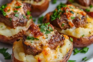 Hearty Steak Bites on Loaded Baked Potatoes Hearty Steak Bites on Loaded Baked Potatoes