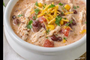 Rich and creamy chicken chili topped with shredded cheese and fresh herbs in a white bowl on a rustic wooden table.